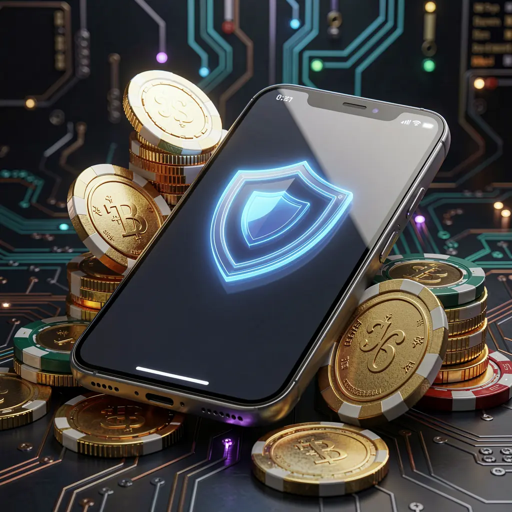 FB 99 secure mobile casino app concept showing a smartphone with a glowing shield icon surrounded by golden coins and chips against a dark luxury cyber background in a realistic 3D render