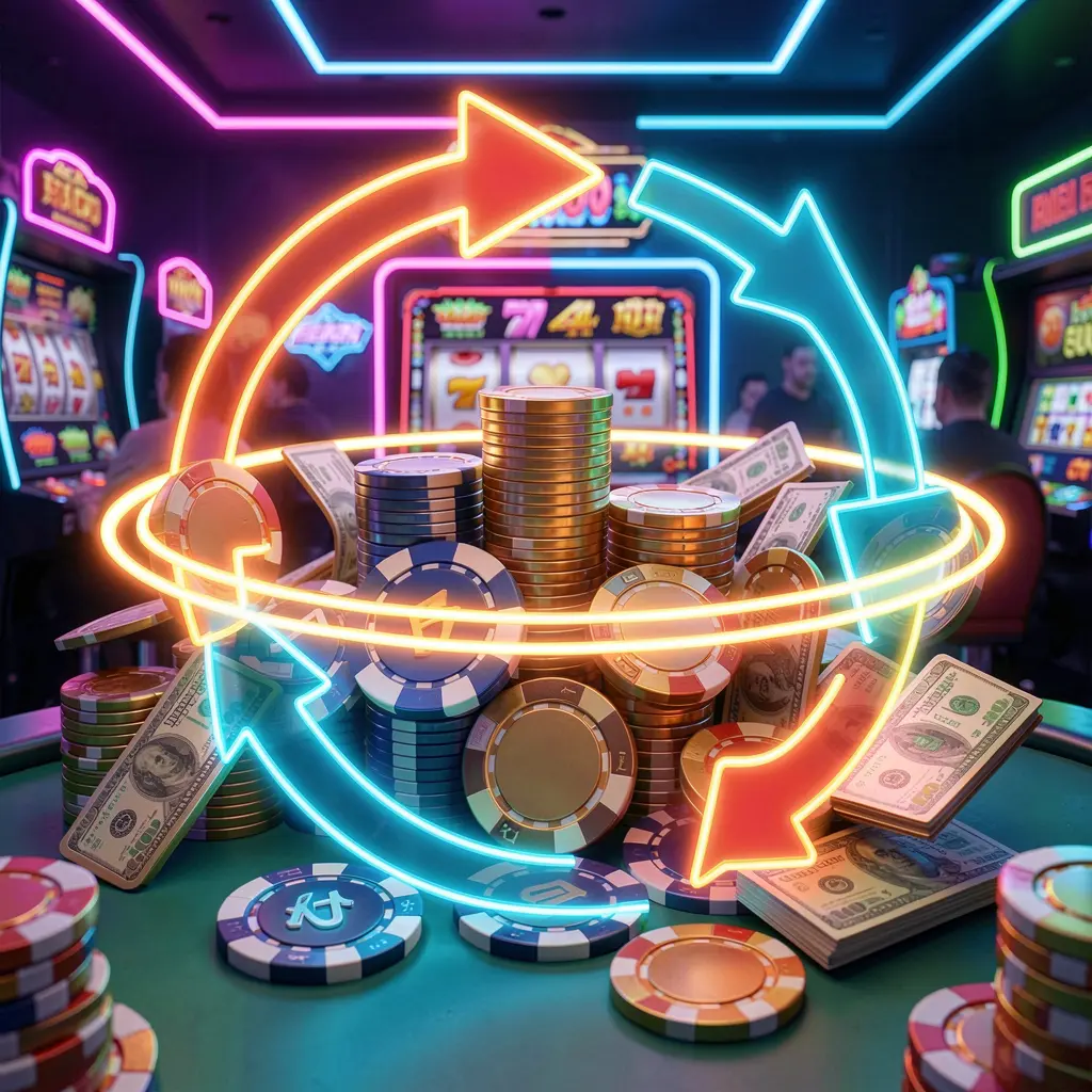 FB 99 reload bonus casino image featuring glowing circular arrows around coins, chips, and cash with a modern neon casino background in high detail 3D render