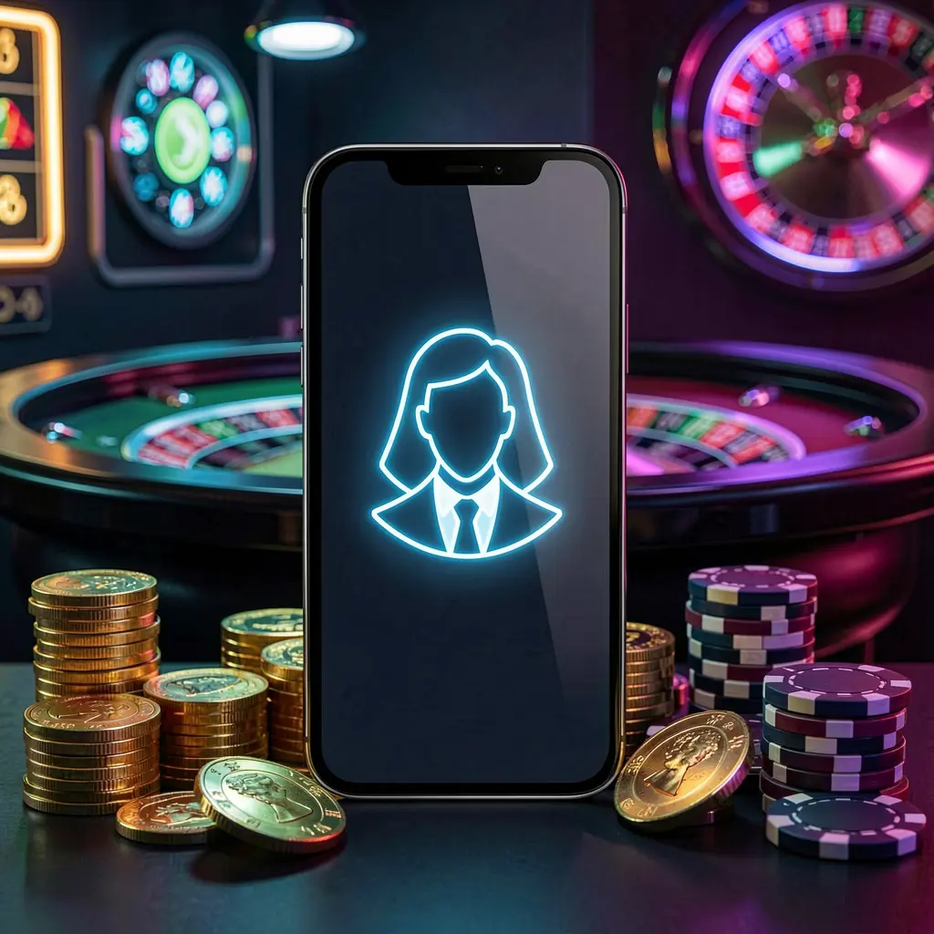 FB 99 online casino login image featuring a modern phone with glowing profile icon, roulette lights in the background, golden coins and poker chips in a premium dark neon atmosphere