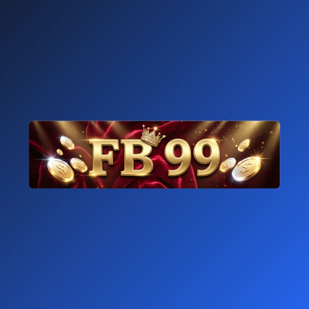 FB 99 casino-style logo featuring golden letters with a crown element and sparkling coins, creating a luxury gaming atmosphere on a transparent background in a wide horizontal rectangular wordmark for website header
