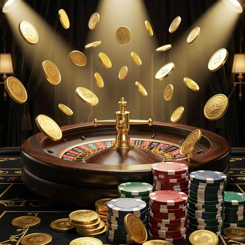FB 99 online casino main page background with dramatic casino lights, golden coins flying, poker chips stacked in the foreground, and a roulette wheel behind in a luxury black and gold atmosphere